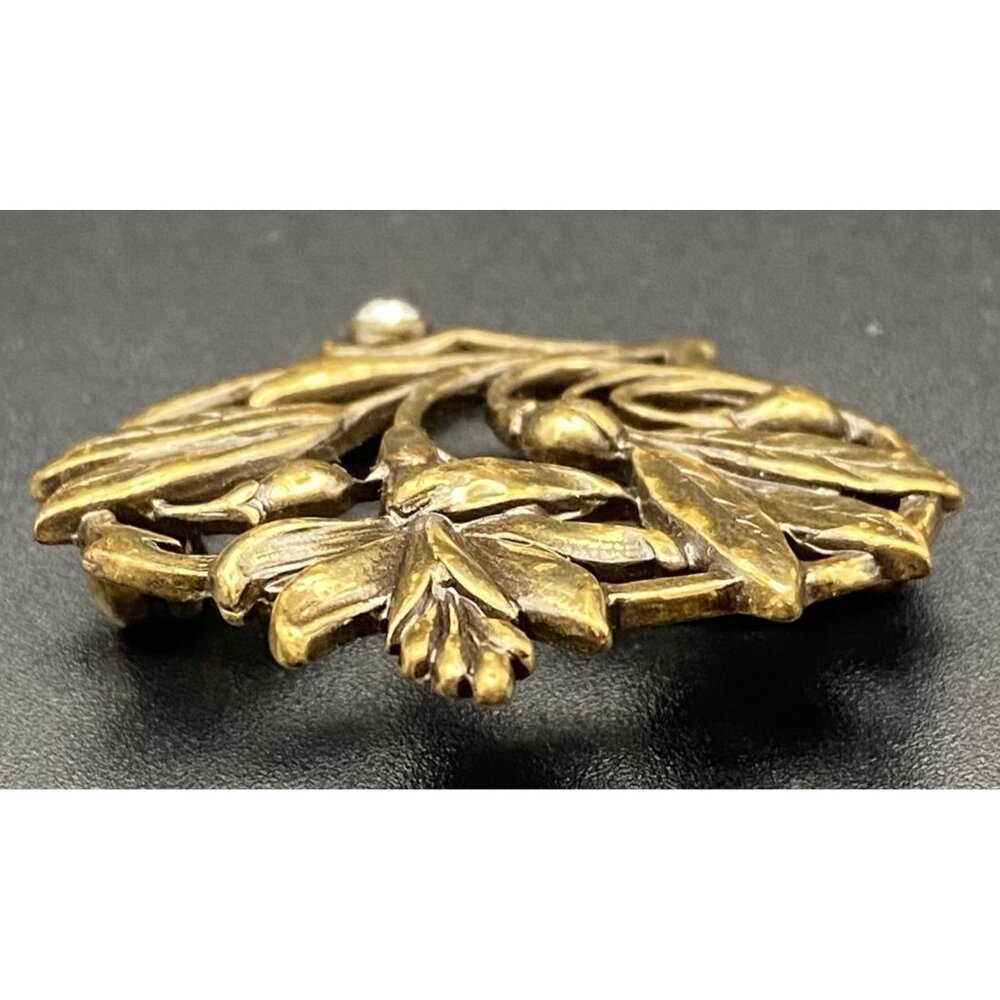 Vtg Art Nouveau Revival Brass Floral Brooch Openwork Lily Rhinestone 1.25 x1.25" - Picture 5 of 6